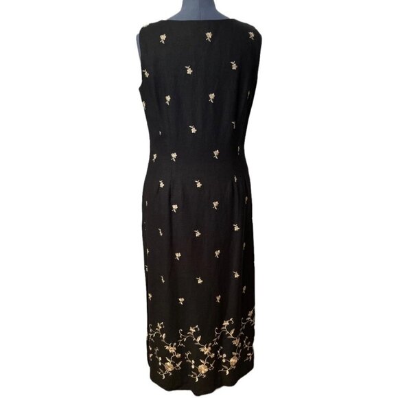 Vintage JACK MULQUEEN NY Women's Size 14 Black Linen Sheath Dress Tan Embroidery - Picture 3 of 8